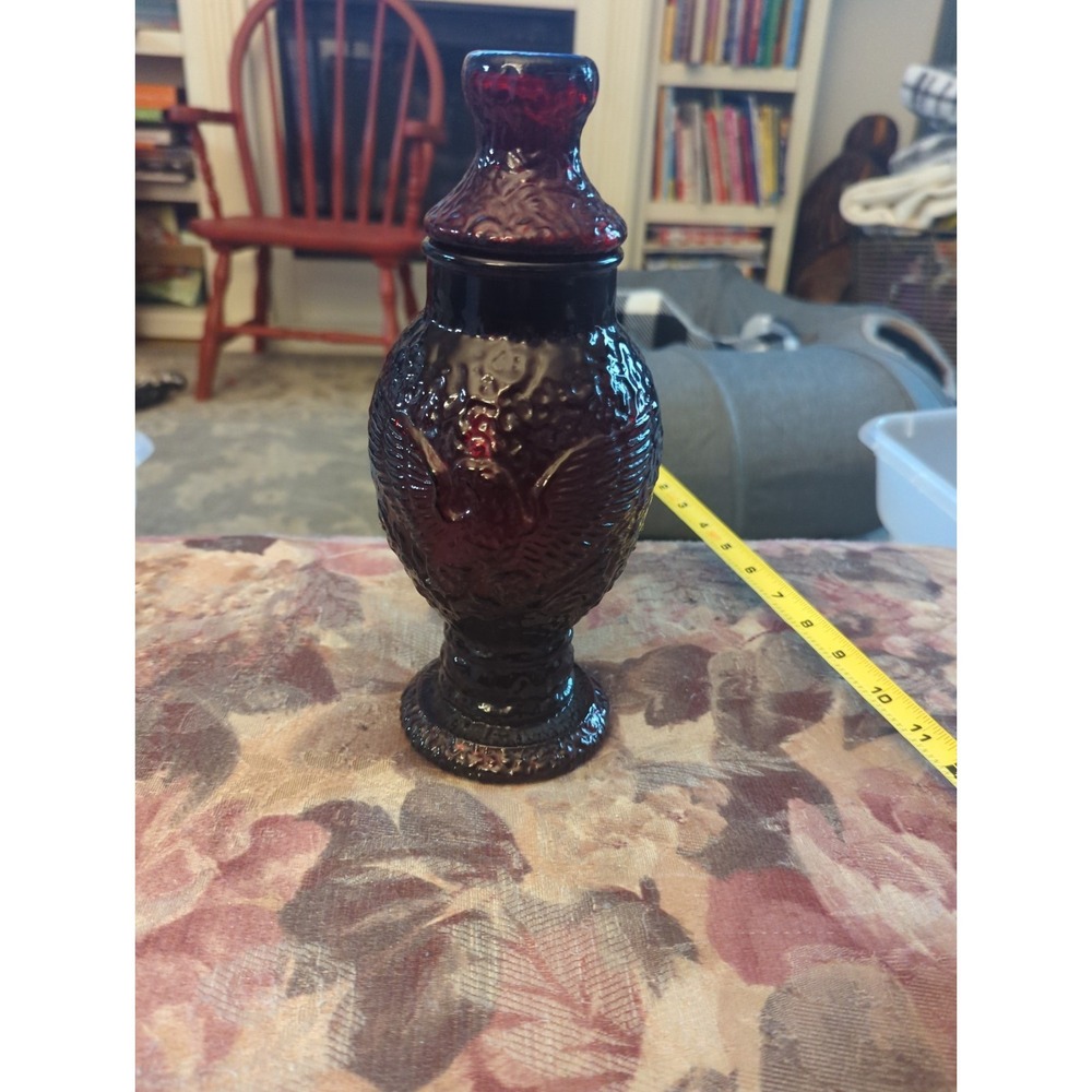 Vintage 1970s Wheaton Ruby Red Eagle Embossed Glass Apothecary Bottle W/Lid 10"